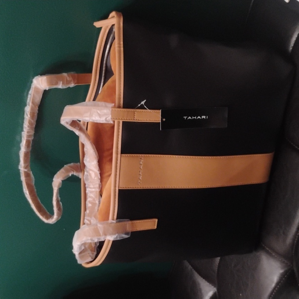 Tahari Kristen Black & Tan Vegan Leather Tote NWT